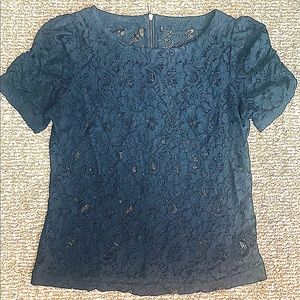 Black Sheer Lace Ruched Balloon Short Sleeve Gold Zip Elegant Women’s Blouse Top